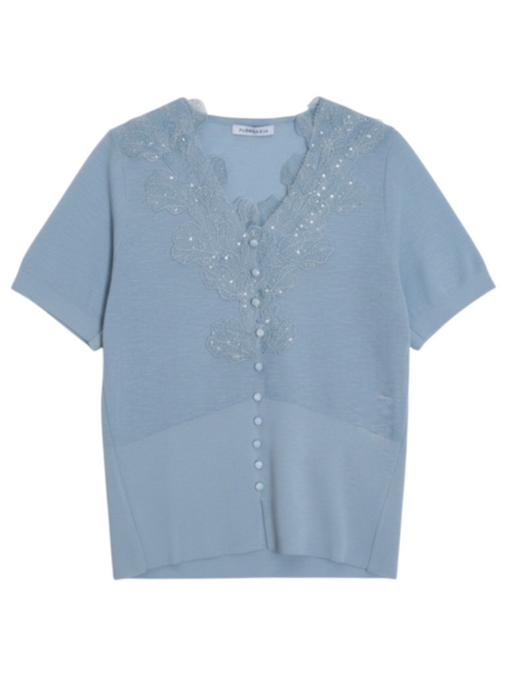 Magnolia Light Blue Beaded Sequin Floral Button Down Shirt